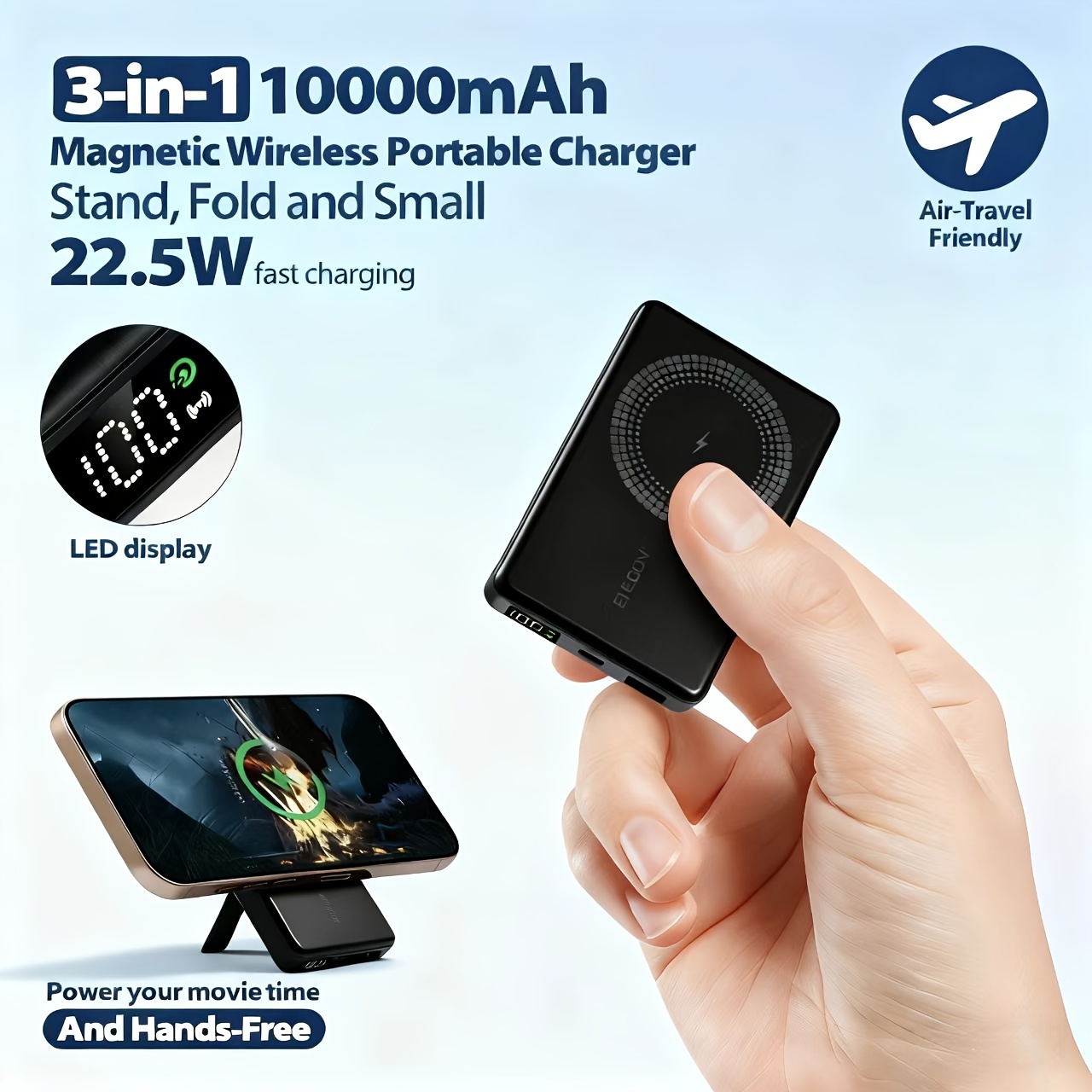 TEMU Enegon 10000mah Magnetic Power Bank, Foldable 3-in-1 Wireless Charging Bank, 22.5w Fast Charging Via Usb-c/usb Port (not For Wireless), Portable