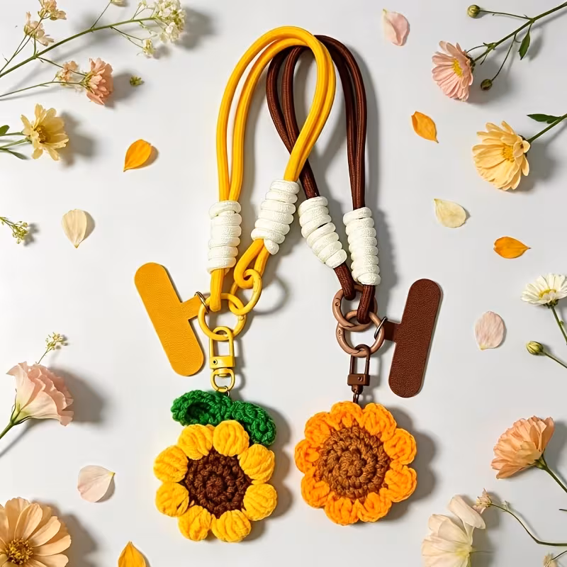 1pc handmade crochet 3d sunflower phone lanyard korean woven flower wrist strap universal phone case built in patch anti lost hanging chain multi functional keychain bag earphone pendant best friend gift small accessory Product details 1