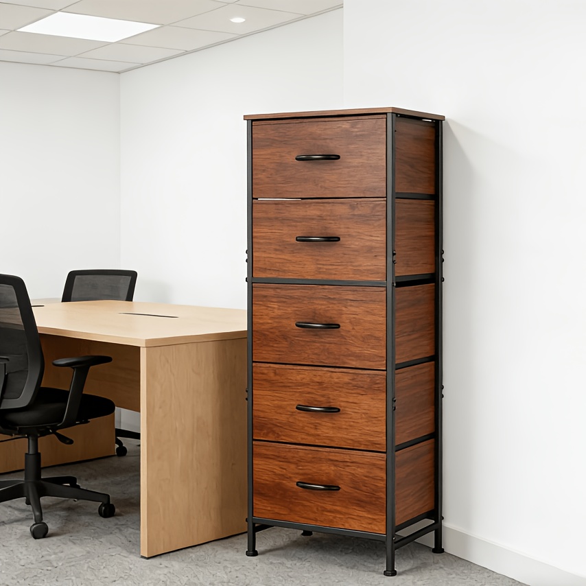 TEMU Office Chest File Cabinets With 5 Drawer, Dresser With Metal Frame And Wooden Tabletop, Clothing Drawer Fabric Wardrobe Entryway Storage Tower,