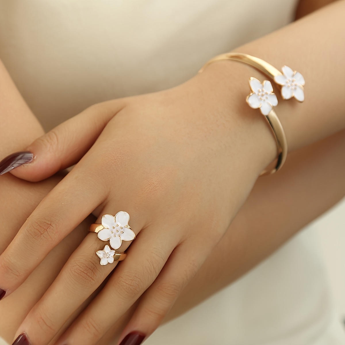 TEMU 2pcs Flower-shaped Adjustable Bangle And Ring Jewelry Set, Elegant Daily Versatile Wear For Festivals, Parties, Jewelry Gift