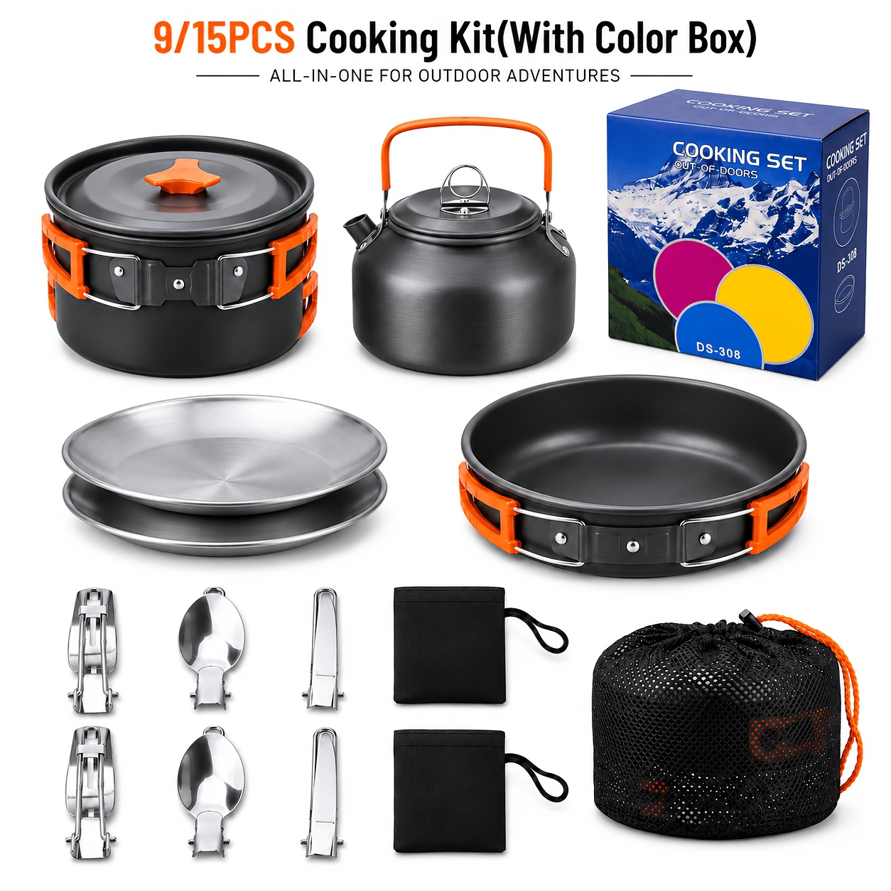 9/15pcs Camping Cookware Mess Kit (With  ),   Lightweight Pot Pan Kettle Set with Stainless Steel Plates Forks Knives Spoons for Camping, Backpacking, Outdoor Cooking And Picnic