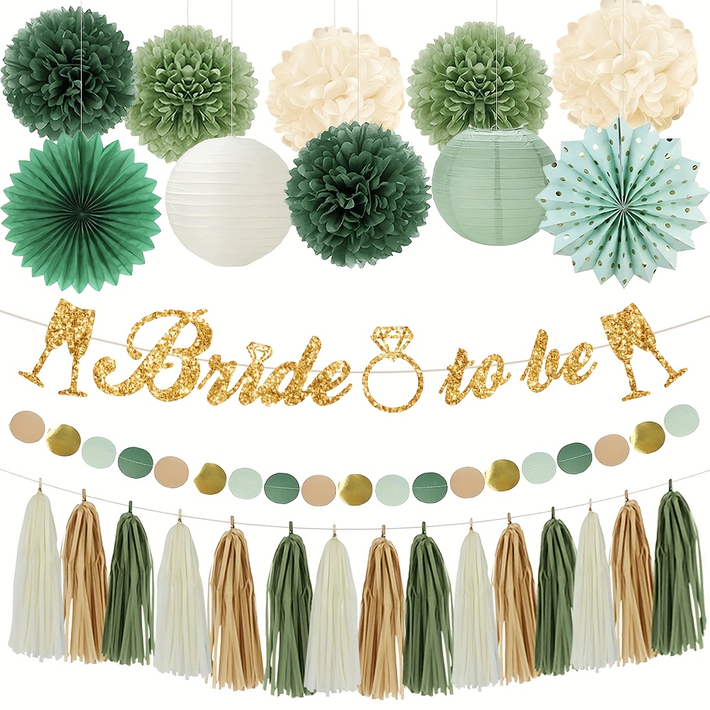 Image of Sage Green Party Decoration Set, Bachelorette Party Supplies, 'bride To Be' Banner, Paper Lanterns, Paper Pom Poms, Paper Fans, Paper Tassel Garland, Bridal Shower Decorations I Perfect For Halloween