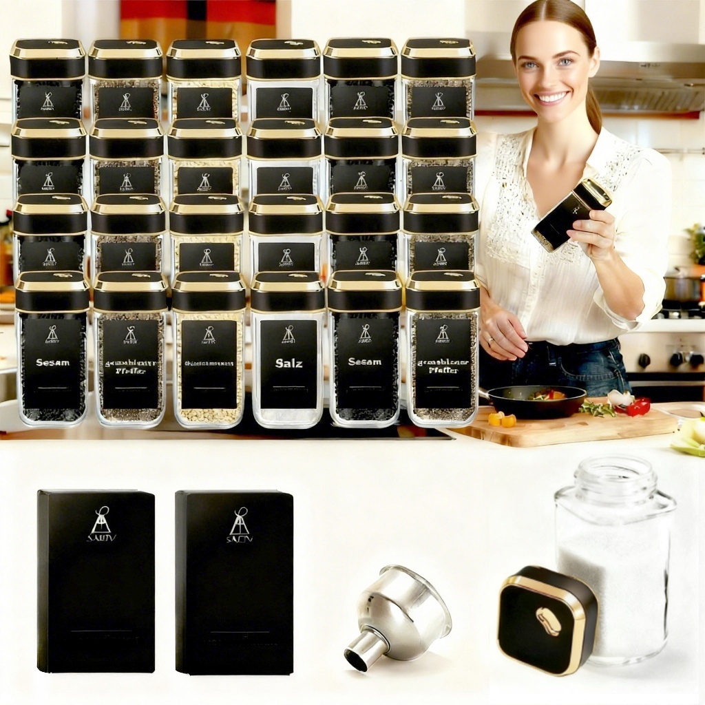 TEMU Saeiv 24pcs Square Glass Spice Jars, Glass Seasoning Containers, Kitchen Storage Jars, Glass Spice Containers, 3 Different Spice Dispensing