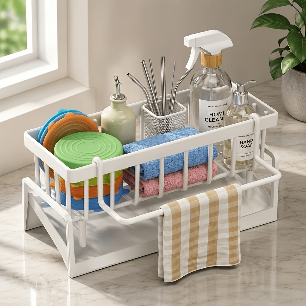 TEMU Égouttoir d'évier de cuisine multifonctionnel avec porte-serviettes - Support à éponge robuste en métal, boîte de rangement pour détergent et