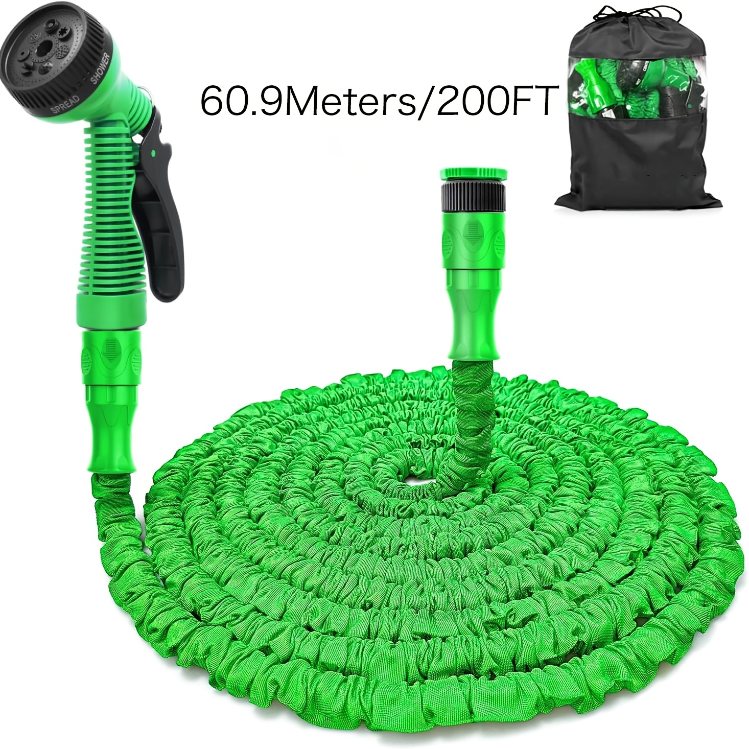 E-shop LOVFEN 50/100/150/200FT Dehnbarer, flexibler Gartenschlauch mit 10 Funktionen Sprühdüse, Grün