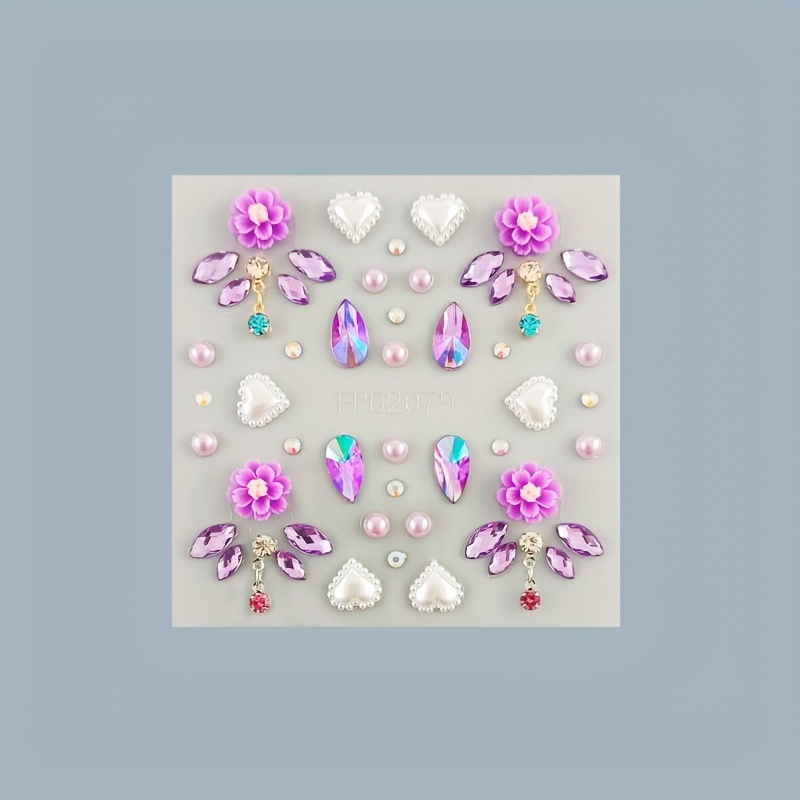 Image of A Set Of Acrylic Stickers Featuring Flash Flower Designs, Perfect For Festivals And Parties, Including Water Diamond Gems And Rainbow Accents For Facial Makeup