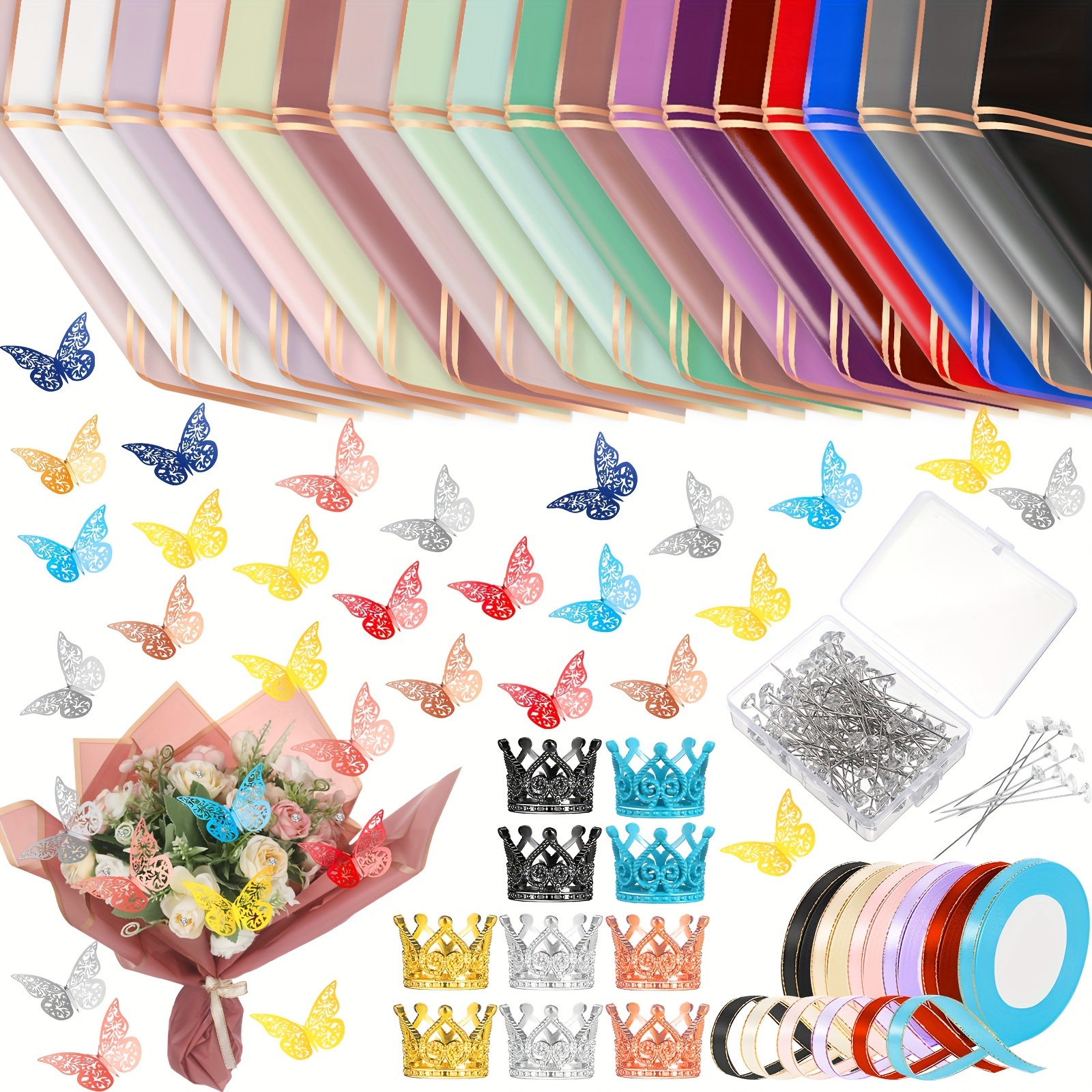 

610 Pcs Flower Wrapping Bulk 200 Sheets Of Flower Wrapping Paper 6 Rolls Of Ribbon 192 Butterfly 200 Bouquet Pins 10 Crown 2 Sheets Of Adhesive Dots Set For Birthday Wedding Party Diy Craft