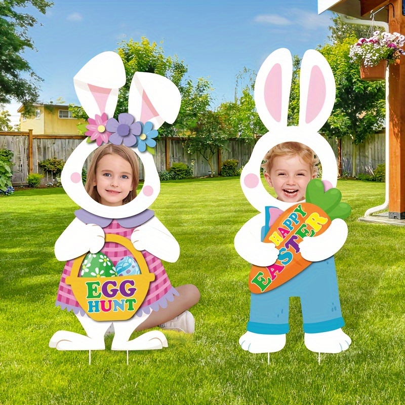 

Set Of 2 Easter Bunny Photo Cutout Props, Plastic Outdoor Yard Stakes, Rabbit Silhouette Decorations, With "" & "egg Hunt" Signs, For Easter Holiday, No Electricity Needed