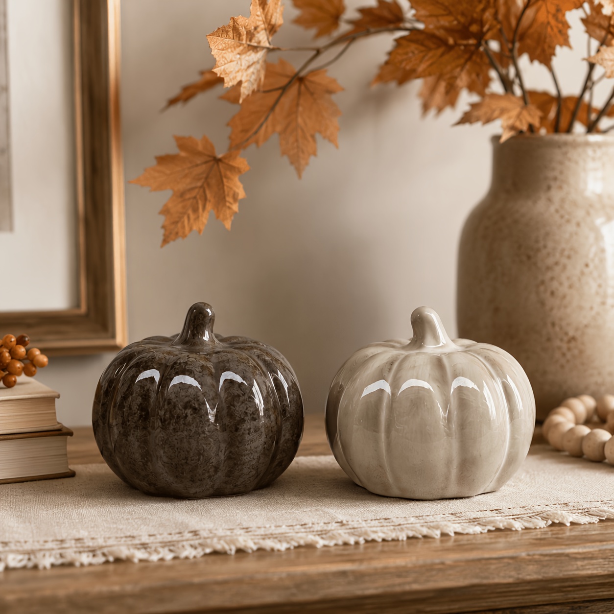 2pcs Glossy Ceramic Pumpkin Decorations for Halloween & Fall
