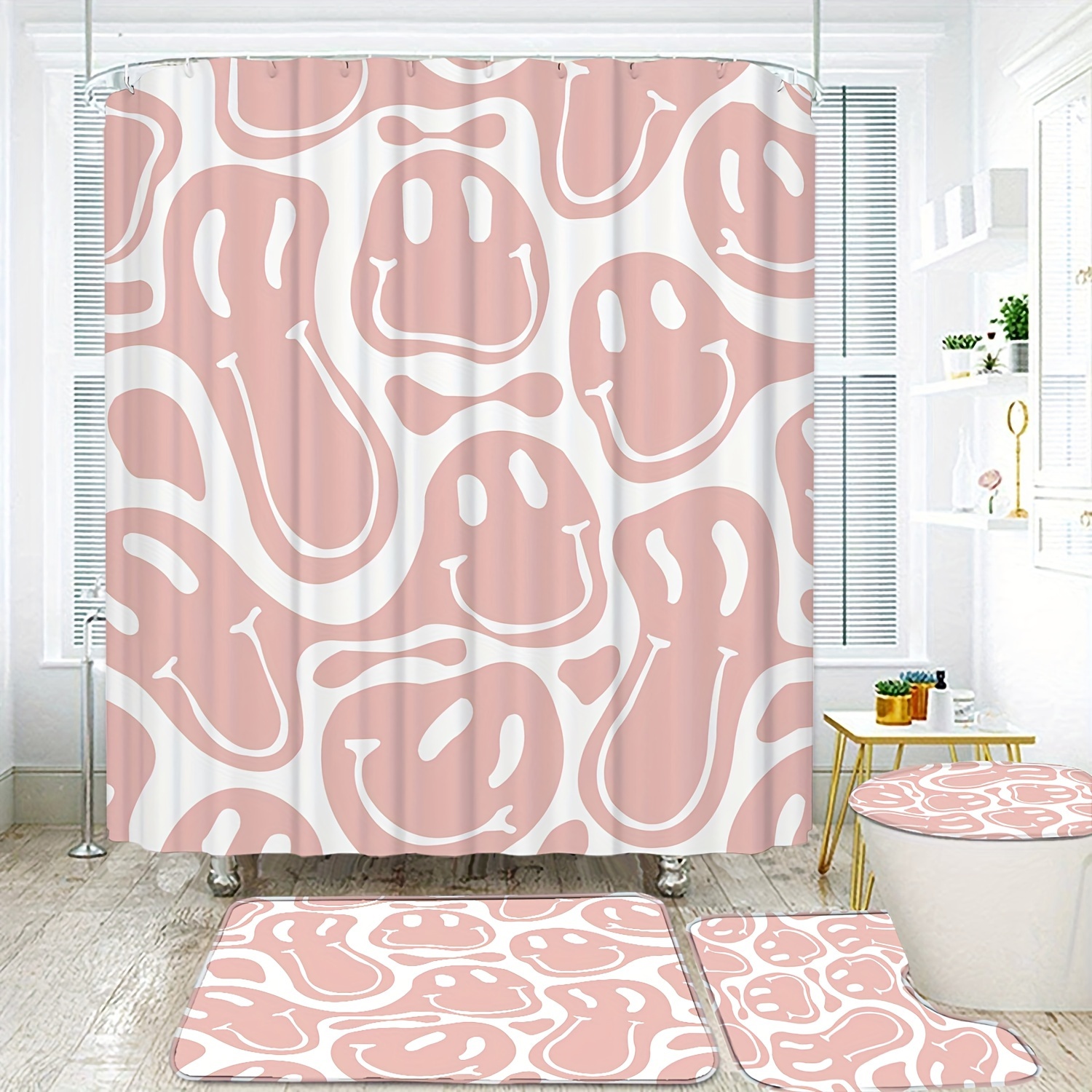 4pcs Smile Face Pattern Shower Curtain Set, Waterproof Shower Curtain With  12 Hooks, Bathroom Rug, Toilet U-Shape Mat, Toilet Lid Cover, Bathroom Full
