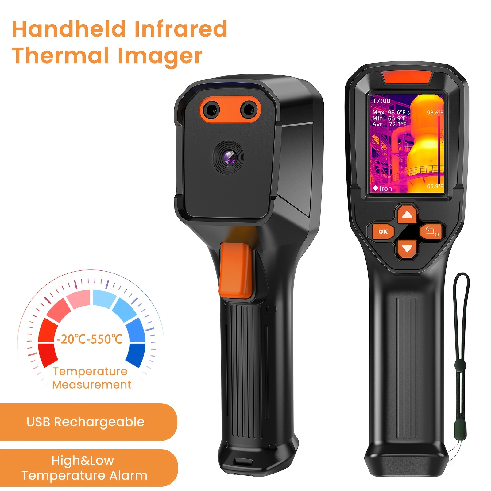 Image of Handheld Thermal Imaging Camera, 240x240 Resolution 25hz Infrared Camera, -4°f To 1022°f Temperature Range, 50°fov With Temperature Alarm