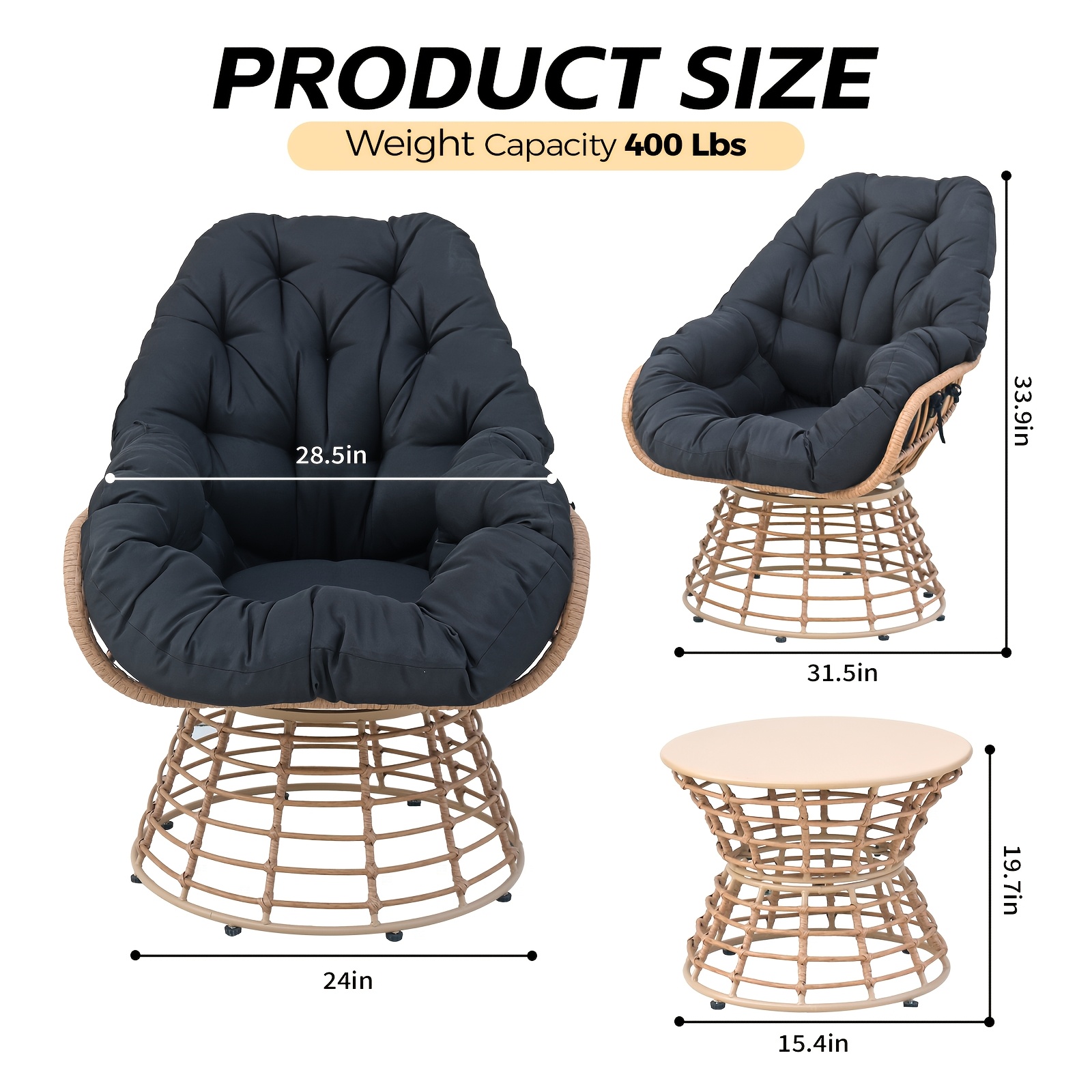 3pcs Outdoor Patio Furniture Set with 360° Swivel Chairs & Coffee Table - Wicker Conversation Set Suitable for Porch, Backyard,, Deck - Cushioned Seating, Wicker Chairs and Table for Poolside, Balcony, or Terrace