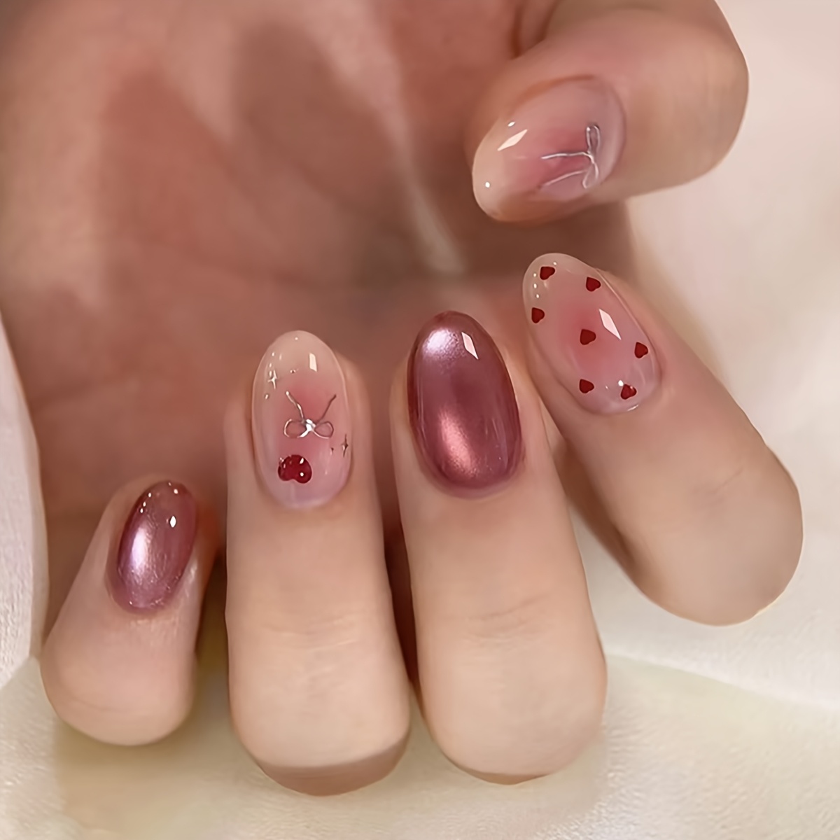 TEMU Add To Your Cute Cat-: Wine-red Heart Blush With Gilded Silvery Bow, Elegant And Brightening, European/american Instagram Style. Detachable