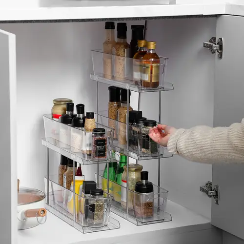 3 tier pull out storage rack organizer for kitchen bathroom clear plastic multi layer cabinet shelf for spices cosmetics and accessories space saving under sink organizer kitchen organizers and storage