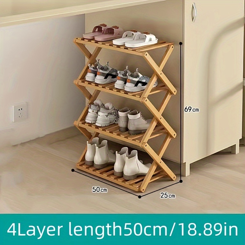Image of Bamboo Folding Shoe Rack, Storage Organizer, Lightweight, Easy To Store, Chestnut Finish, For Living Room, 1 Shelf, No Metal Pipes
