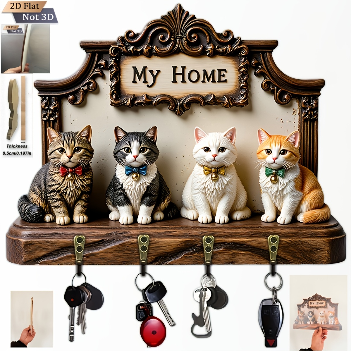 E-shop 2D Flach, 1 Stück, Katzenmotiv Holzwanduhr mit Multifunktionalem Schlüsselhalter, Inklusive Vier Metallhaken, Wanddekoration, Veranda-Dekor,