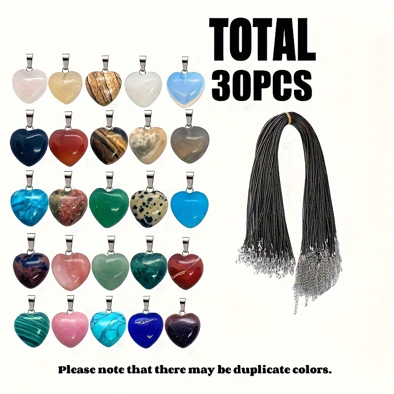 

30pcs Random Natural Crystal Heart Pendants With Leather Necklace Chain For Handmade Jewelry Making Valentine's Day Gifts