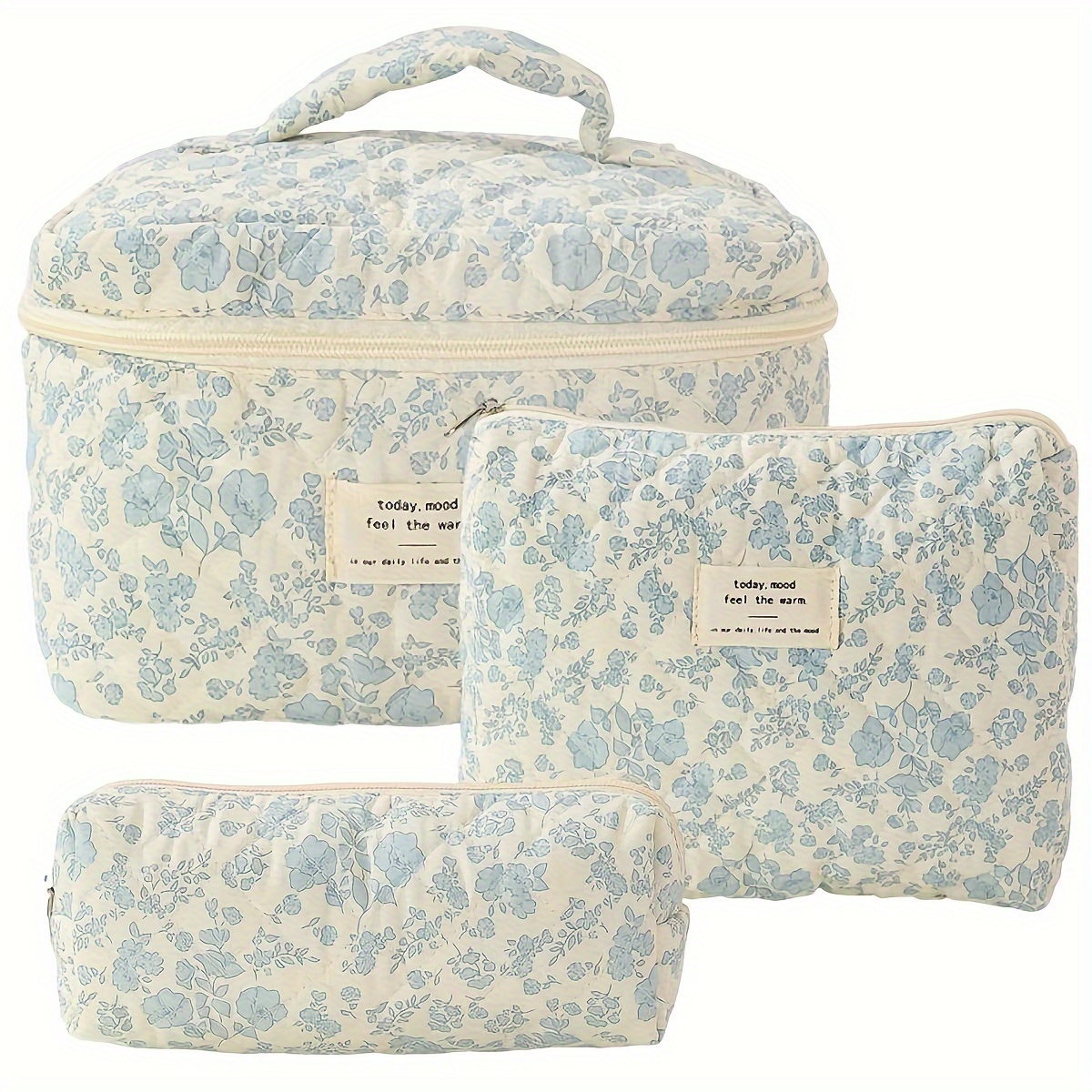 

3pcs Cotton Quilted Makeup Bag Set Floral Cotton Cosmetic Bag Aesthetic Toiletry Travel Organizer Bag Gift For Women - Mother's Day Cosmetic Bag - Mother's Day Gifts