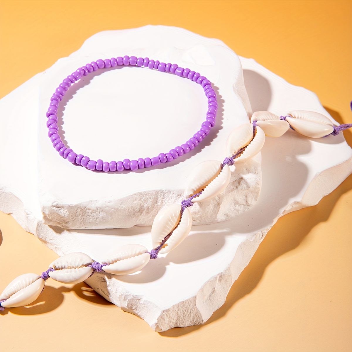 Boho Nautical Shell & Bead Anklet Set - Handwoven Resin Shells & Beads
