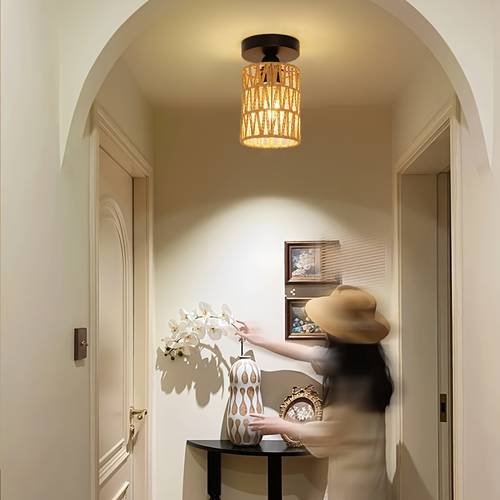 1pc rattan ceiling light fixture bohemian style flush mount ceiling lamp wicker chandelier mini boho wicker lighting for bedroom hallway entrance