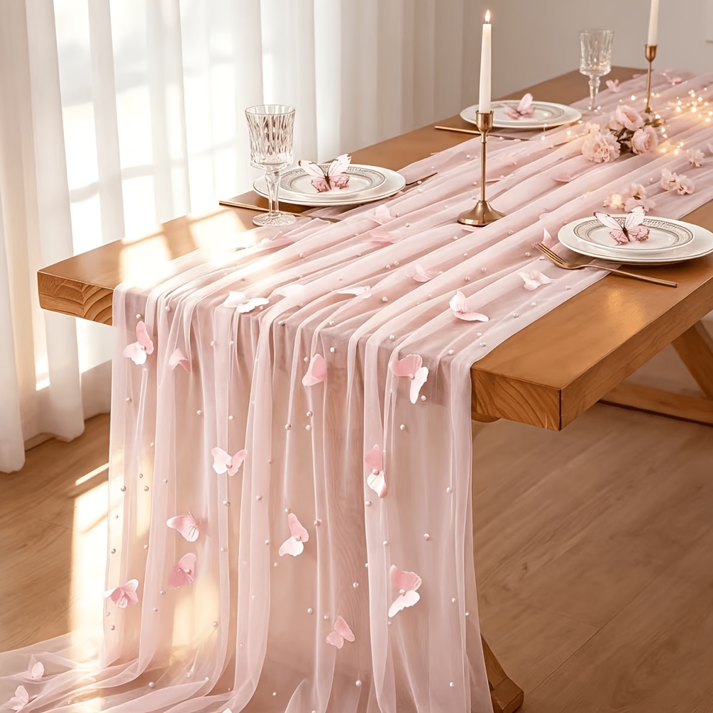 TEMU Pearl Pink Gauze Table Runner With 3d 120in 10ft Seasonal Sheer Tulle Table Runners Mesh Lace Fabric Runner For Wedding Bridal Shower Party