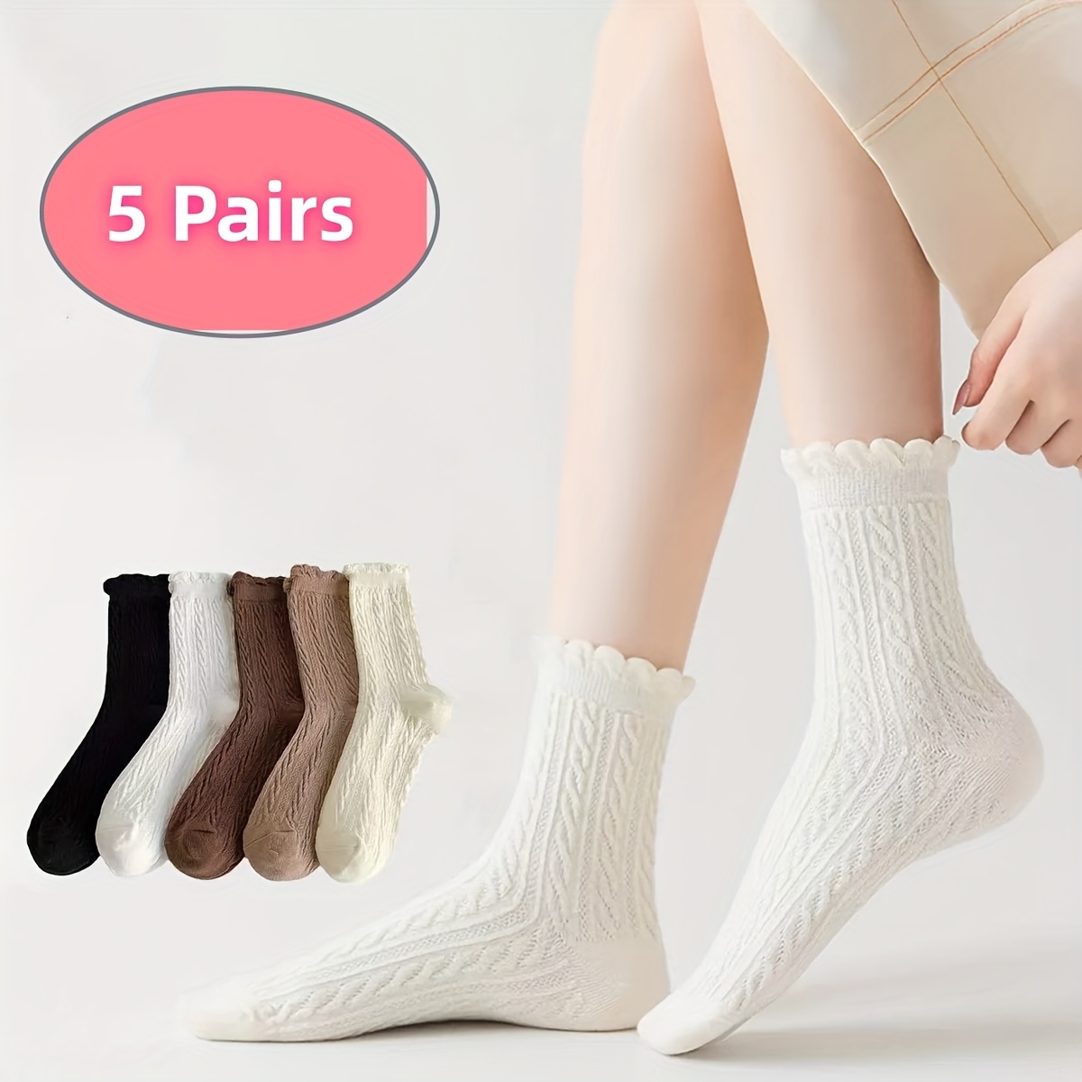 Image of 5-pack Autumn/winter Style Fashion Lace Women's Socks, Comfortable And Versatile Mid-calf Socks