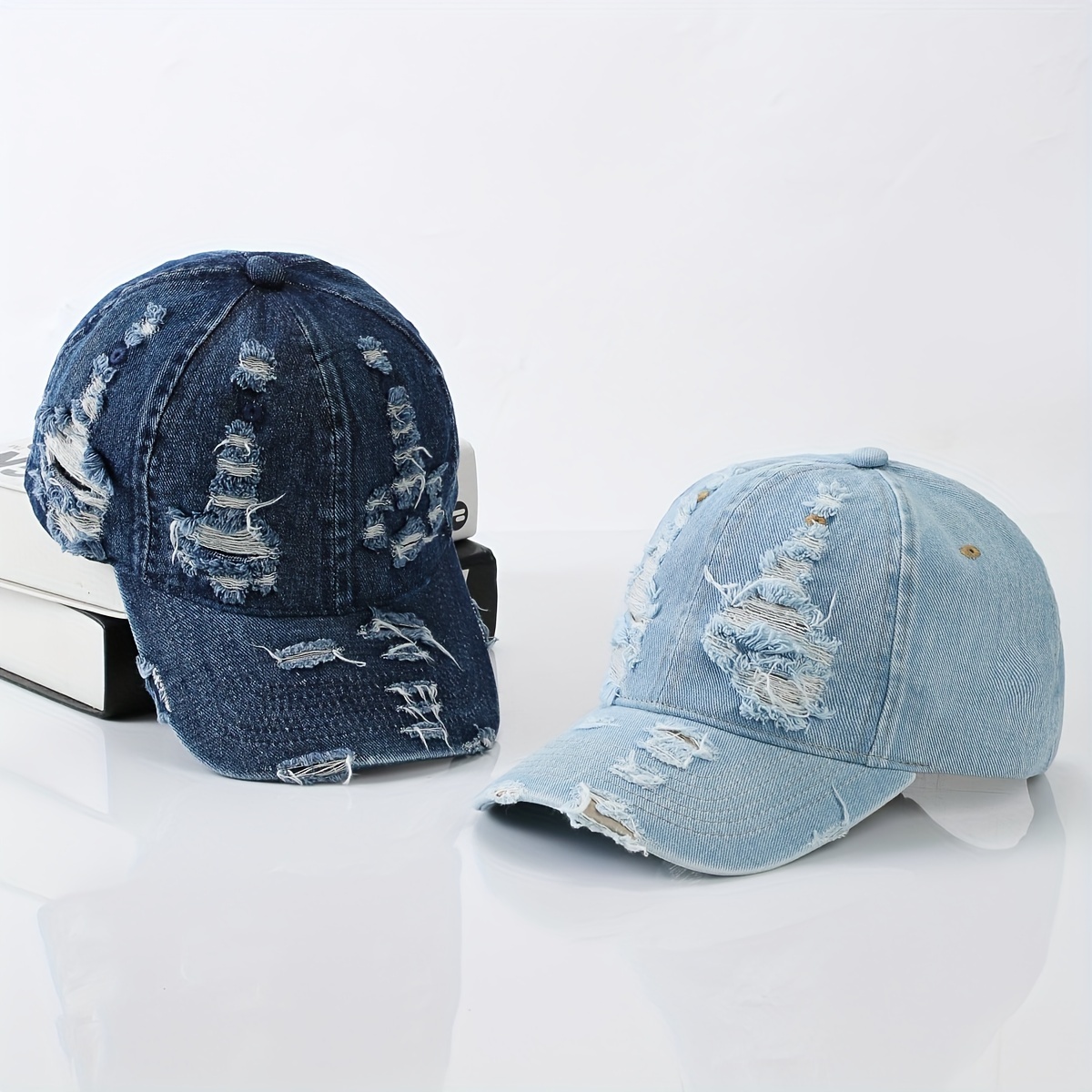 

Casquette de baseball en denim usé, chapeau de soleil unisexe avec des bords effilochés, style vintage de casquette de hip-hop