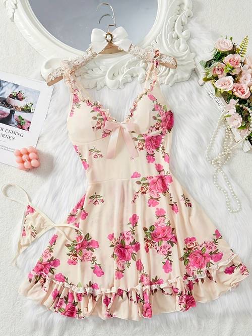 2pcs pajama set delicate hem adjustable straps vibrant floral pattern womens nightgown