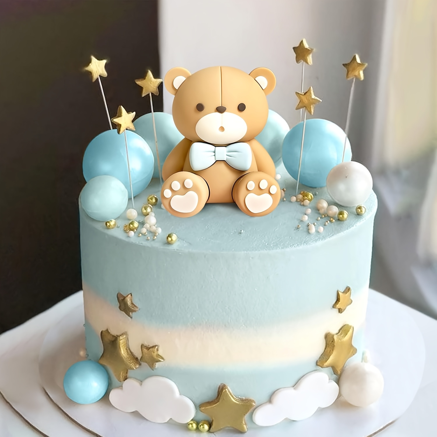 Décoration Pour Gâteau Ours Bleu Et Boules Dorées – Idéal Pour Baby Shower Garçon Ou Anniversaire