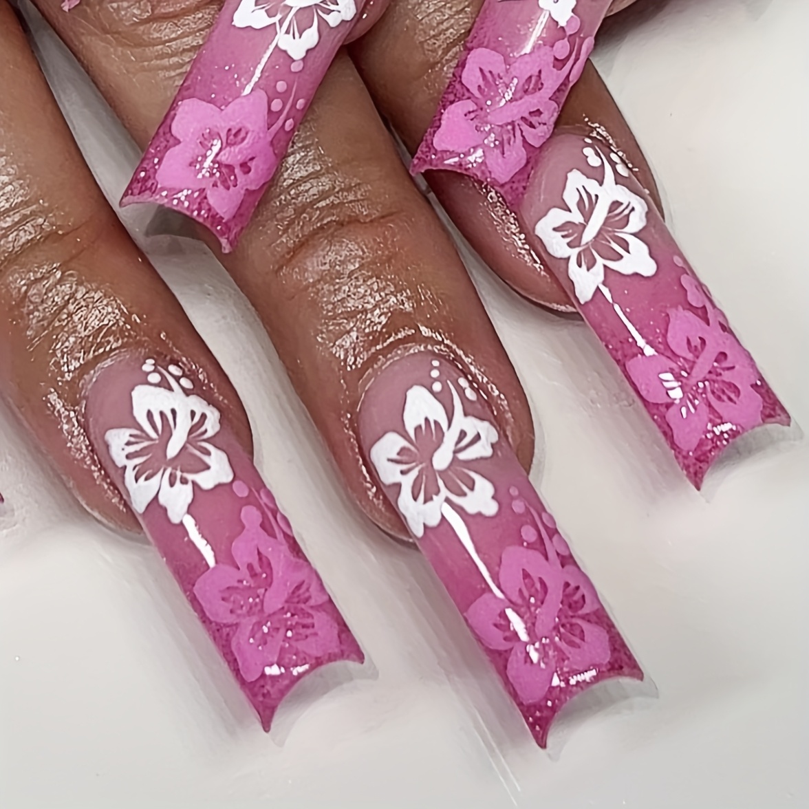 Shimmerz 24 Stück Französische Spitzen Press-on Nägel – Rosa Mit 3D-Blumen, Kurze Quadratische Form
