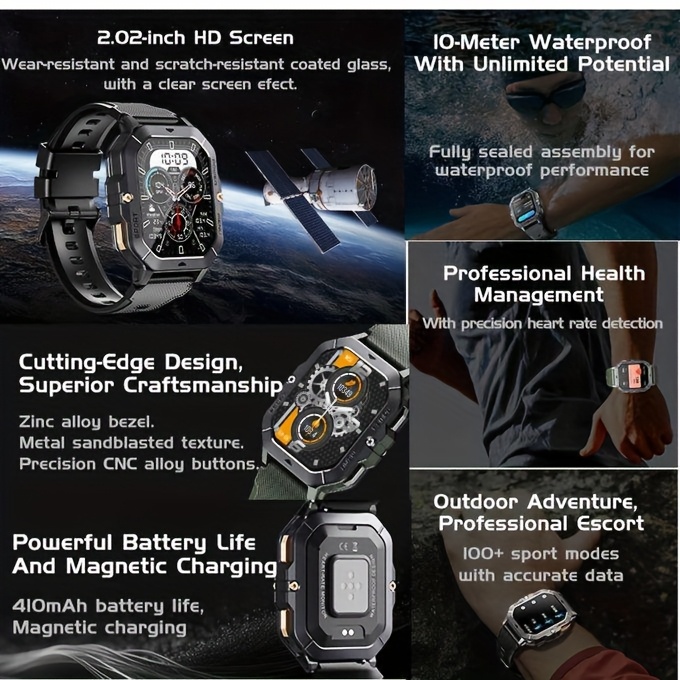 5.13 cm Full Screen Touch Smart Watch for Men with AI Voice, 100+ Sports Modes, Sleep, Step, Calorie, Pressure Monitoring, Calls And SMS Alerts, Sports Watch Smart Band for iPhone/Andriod