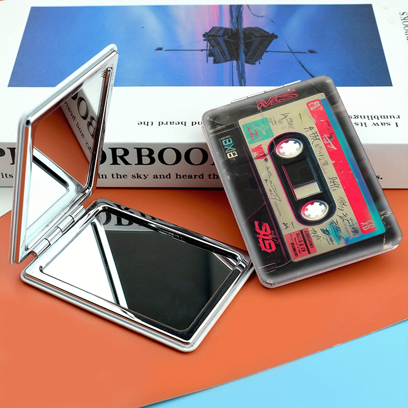 TEMU A Stylish Rectangular Makeup Mirror Featuring A Design. It Showcases Cassette Shape With Vibrant Colors That Nostalgia