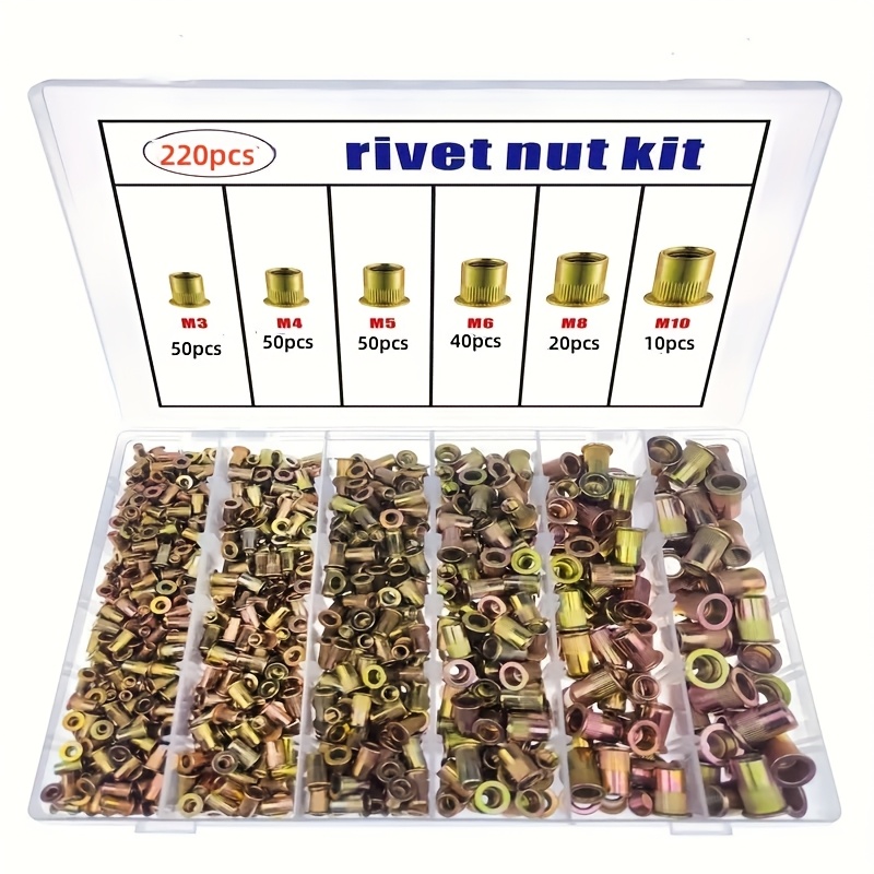 TEMU 220pcs Mixed Vertical Stripe Rivet Nut Set, Carbon Steel With Color-coated Plating, M3-m10 Set For Car Bumpers, License Plates, Doors, And