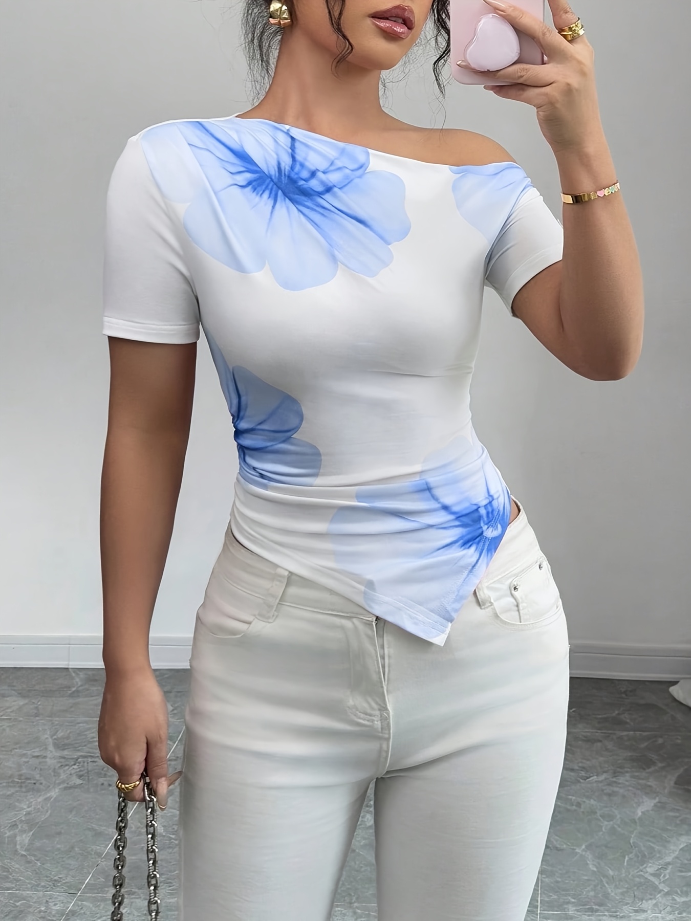 women's floral print asymmetrical one shoulder crop top Temu