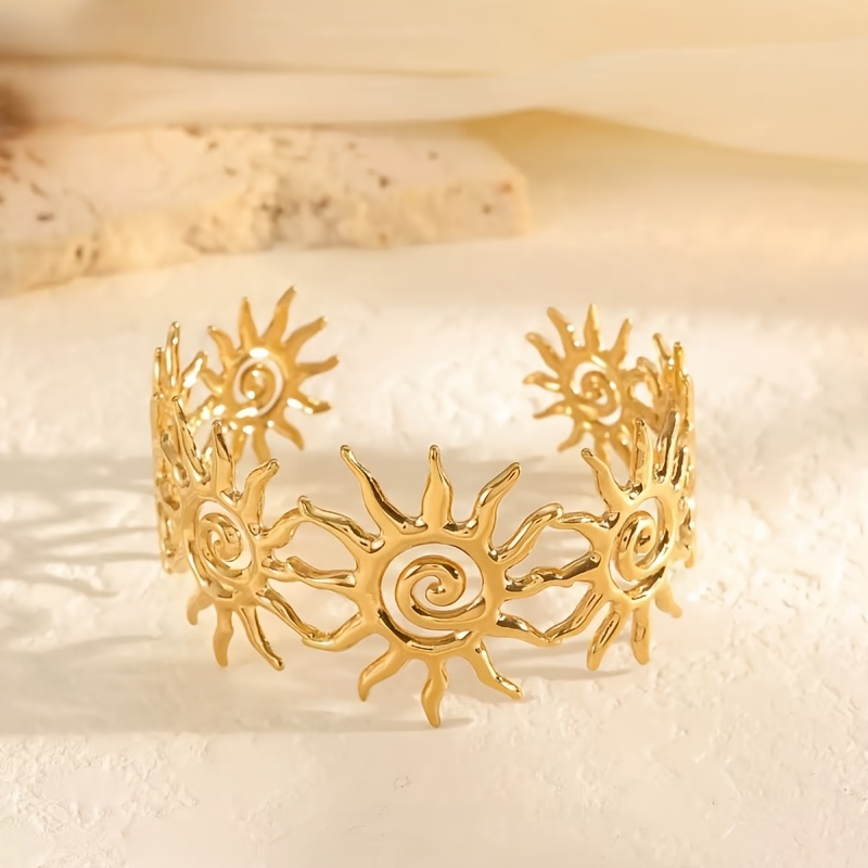 E-shop Böhmisches Spiral-Sonnen-Spleiß-Armband im offenen Design mit goldenen Akzenten, eleganter Alltags- Hochzeitsschmuck, für Damen Herren geeignet,