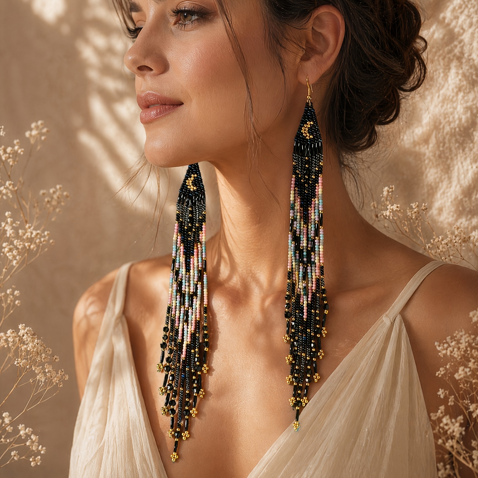 TEMU Boucles d'oreilles longues à franges perlées style bohème pour femme, longues pendantes à pompons en perles de rocaille faites à avec et lune