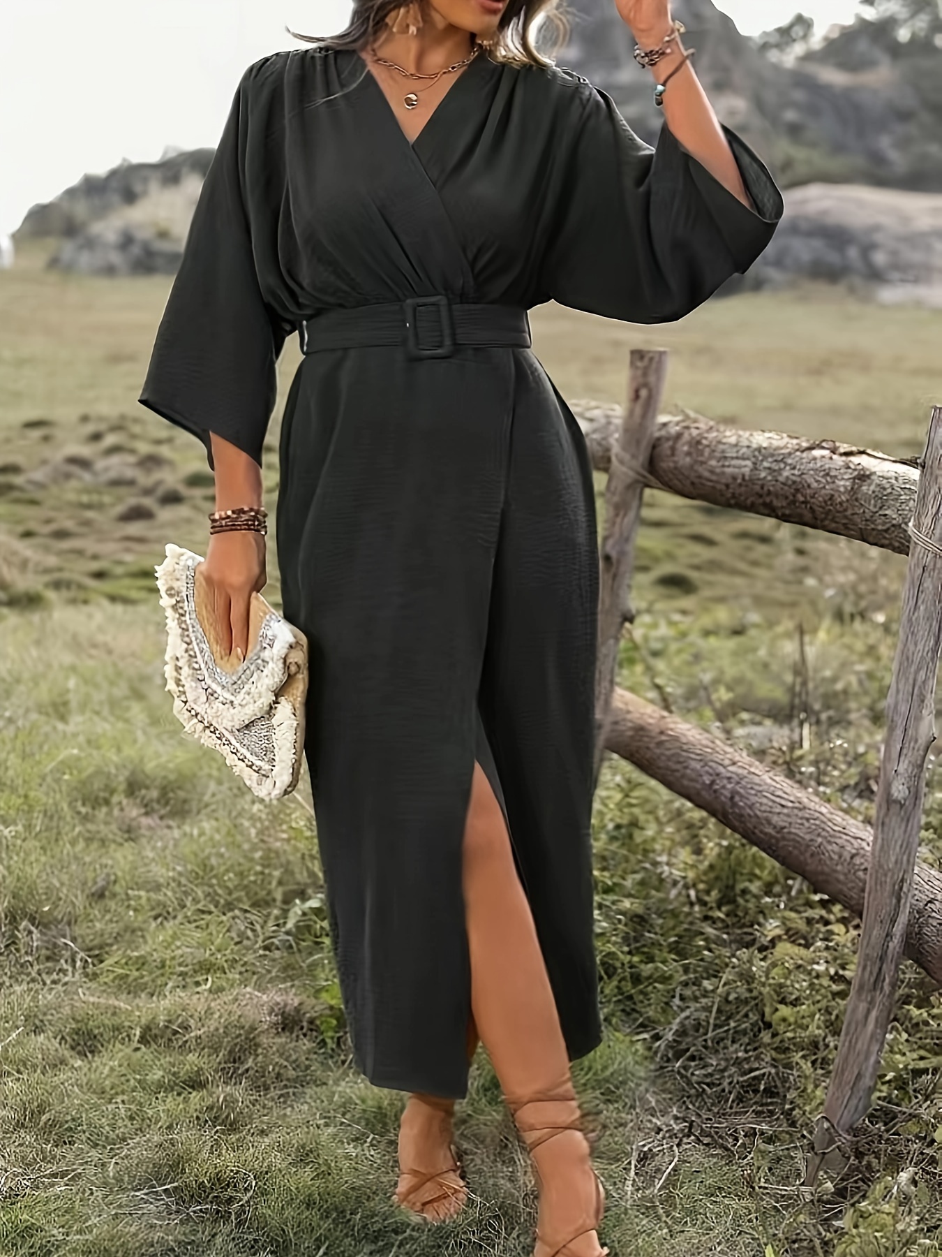 slim fit dress slacks Maggy London Shimmer Long Sleeve Gather Midi Party Dress main image 1