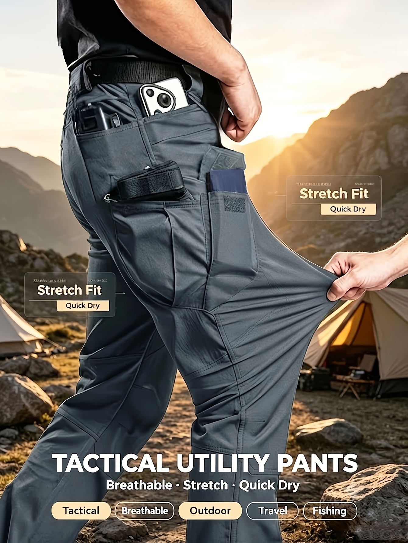 Alternative view of Pantalones largos de verano para hombre, elásticos y de secado rápido, 10 bolsillos, tela resistente al desgaste…