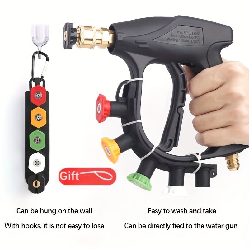 4350psi high pressure car wash water gun is used for high pressure cold water cleaning machine m22 14 tail connection 1 4 quick interface nozzles with storage base easy to store and not easy to lose Product details 0