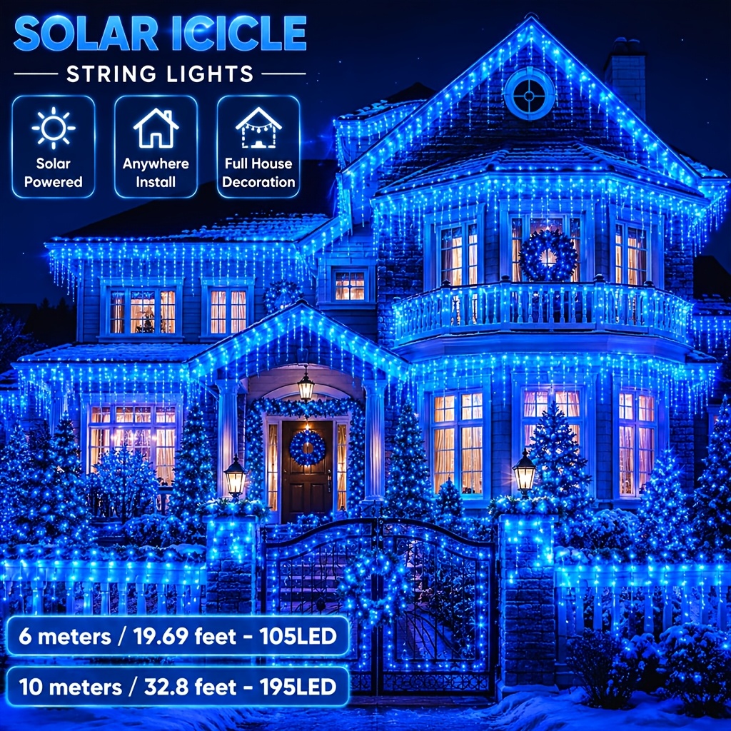TEMU Luces de carámbanos navideñas para exterior de 6 metros/19.69 pies 105 LED, 10 metros/32.8 pies 195 LED, iluminación solar navideña de 8 modos