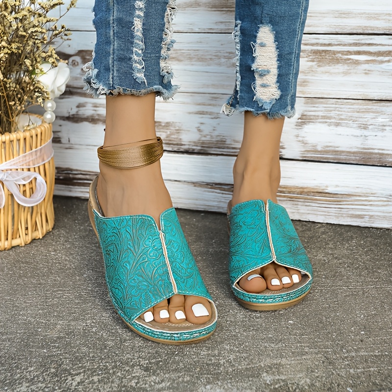 womens turquoise embossed slide sandals casual open toe Temu Spain