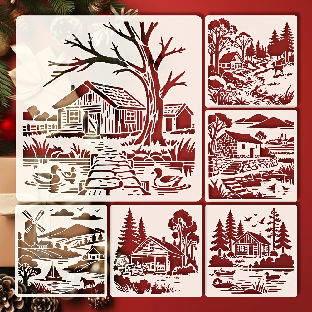 TEMU 6pcs Country Scene Stencil Set _ 6x6 Inch Premium Painting Templates, Featuring , Lake, And _ Artistic Pattern Templates