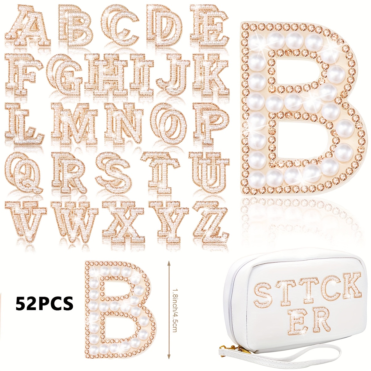 Image of 52pcs Iron-on Letters With Rhinestones (a-z) For Garments, Fabrics And Backpacks Iron-on Letters With Rhinestones (golden Rhinestones On White Background)