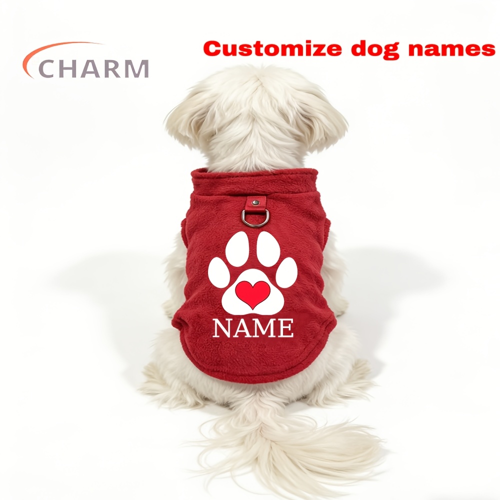 TEMU [customizable Name] Pet Clothes Warm Plush Vest D-ring Harness Name Printable Lightweight Dog Outfit Red Paw Print Heart Pattern Suitable For