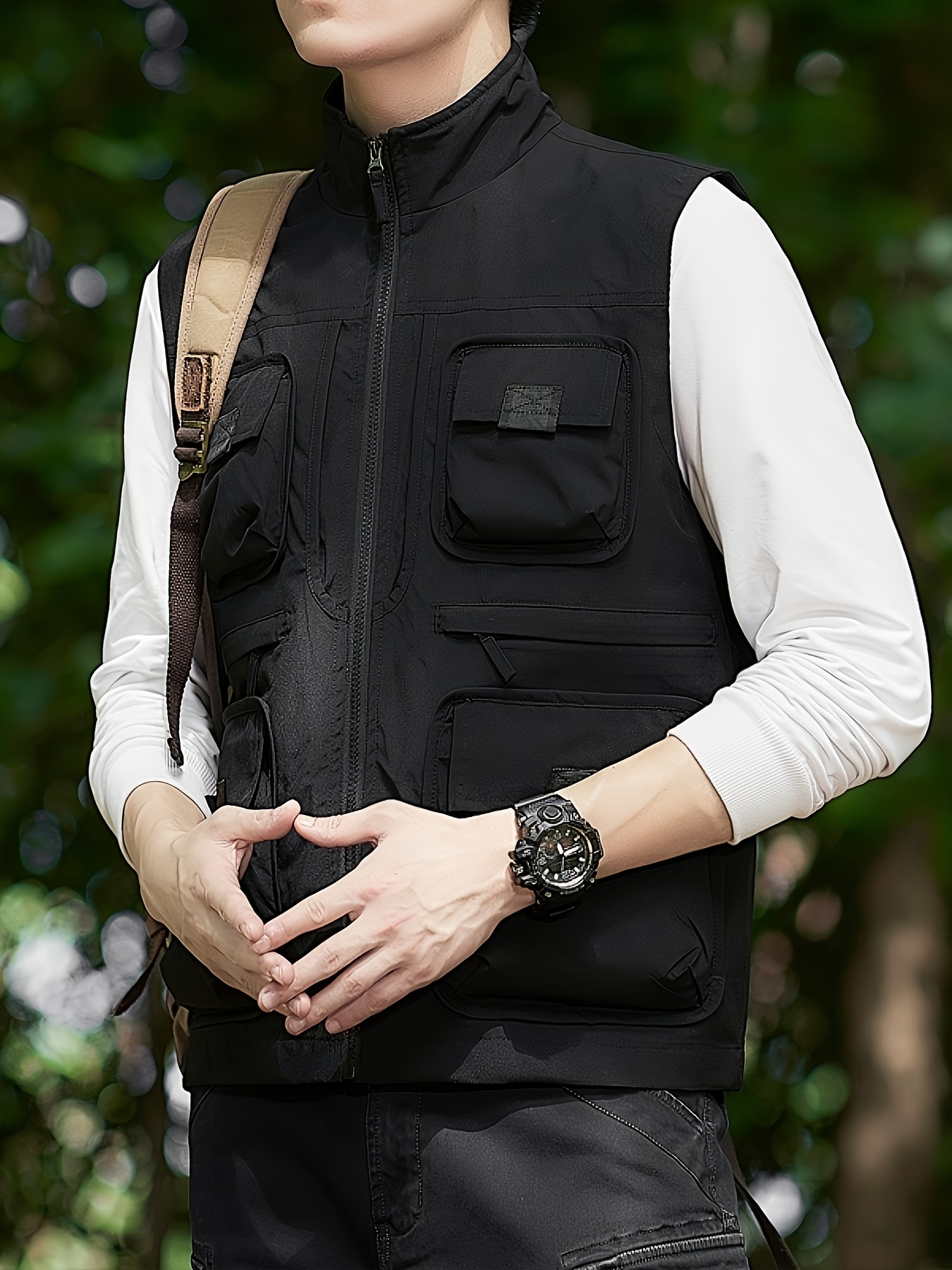 1pc *'S Casual Outdoor Multi-Pocket Utility Vest, Polyester V-Neck  Sleeveless Fishing Hunting Jacket with Pockets, All-Match Breathable Solid  Color