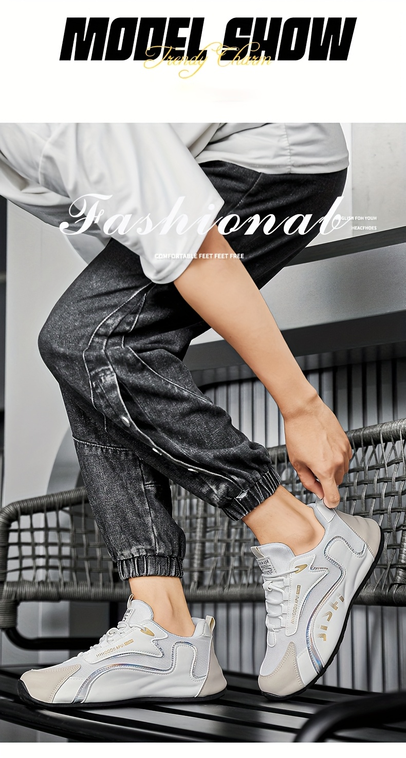 Tenis elegantes para hombre en blanco y dorado - Zapatos transpirables y cómodos para caminar con absorción de impactos, suela de PVC duradera y cierre de agujetas, ideales para uso casual, correr y actividades al aire libre, calzado casual | Tenis con agujetas elegantes | Zapatos cómodos para caminar