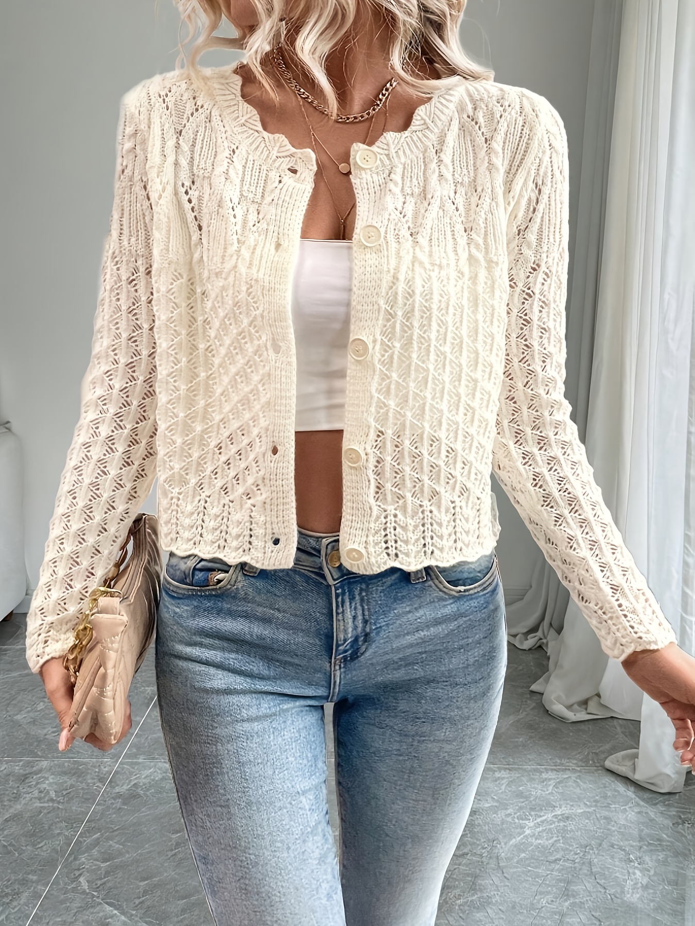   and   for 2026     and versatile womens long sleeve solid color cardigan with buttons suitable for bohemian festival outfits fashionable vintage long sleeve hollow knitwear