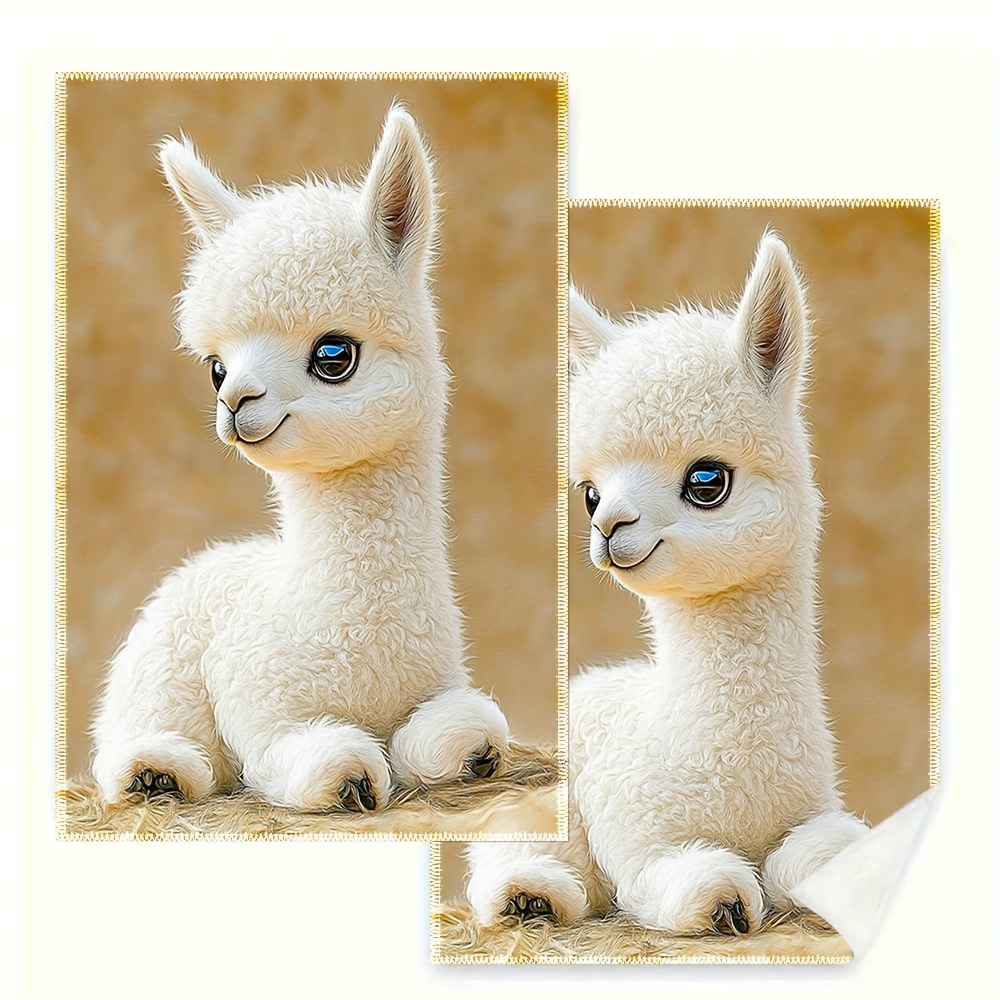 TEMU 2 Pieces Of Kitchen Towels And Dishcloths, Measuring 16x24 Inches, Featuring A White Alpaca With Big A Sitting Position, Ideal For