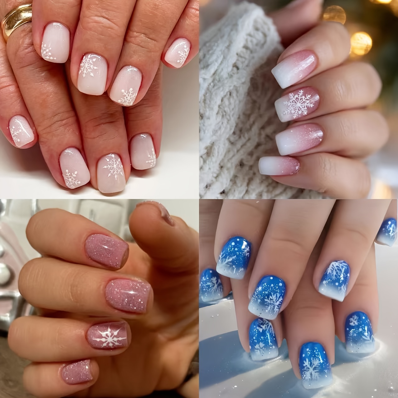 TEMU A Set Of 96 Nail Pieces In 4 Different Styles Featuring A Winter Theme With And Fine Glitter. Blue And White Gradients, As Well As Pink And White Gradients. Nails Are Versatile For Everyday Use