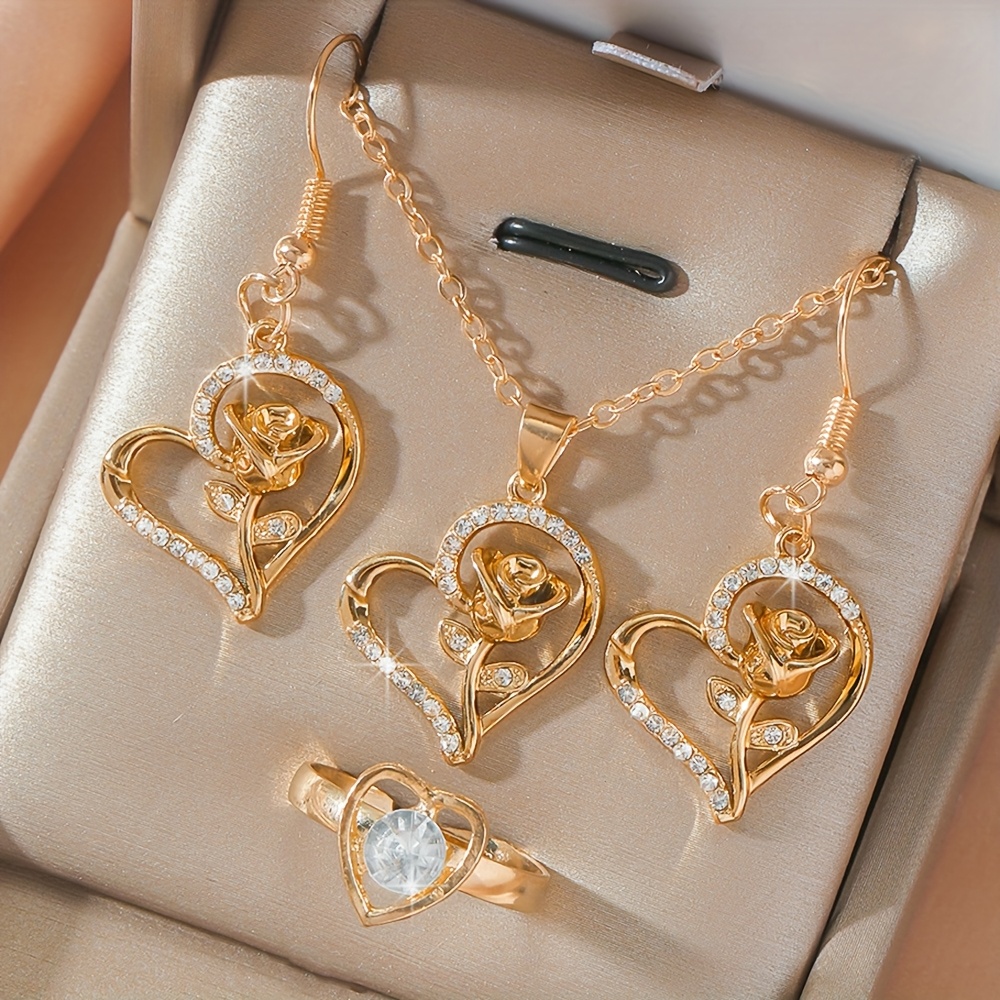 E-shop 4-teiliges modisches Damen-Set mit Herz-Halskette, Ohrringen & Ring, für Verlobung, Hochzeitstag, ganzjähriges Tragen